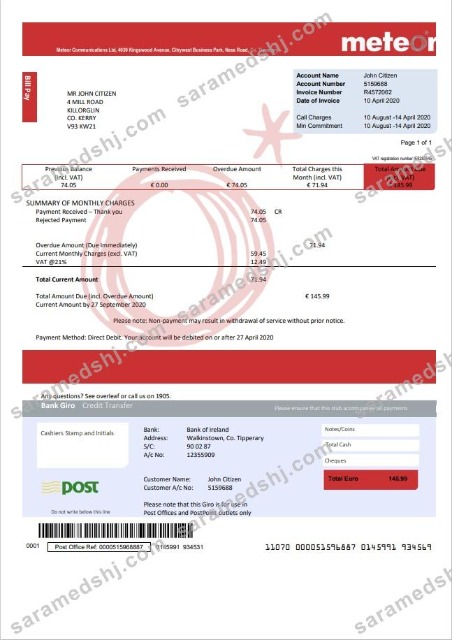 Ireland Meteor utility bill template in Word and PDF format